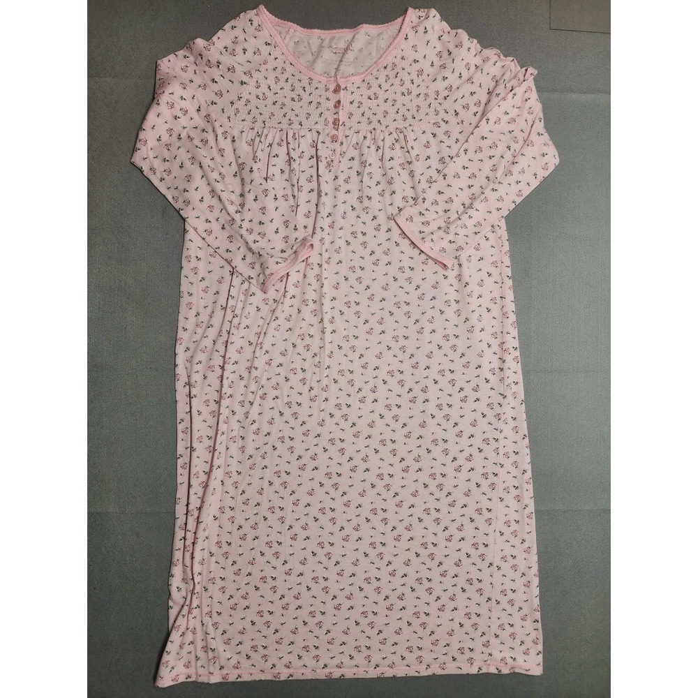 Secret Fantasies Pink Floral Smocked Nightgown 3/4 Sleeve Size Large Sleepwear